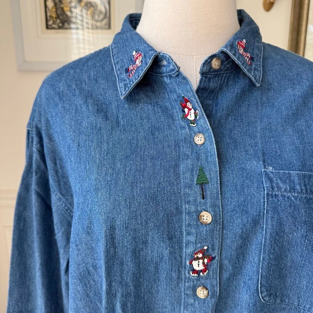 Vintage Northern Tradition Snowman Denim Chambray Button Up Shirt XL